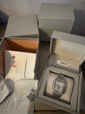 Michele Diamond Silver-Tone Stainless Steel Chronograph Watch